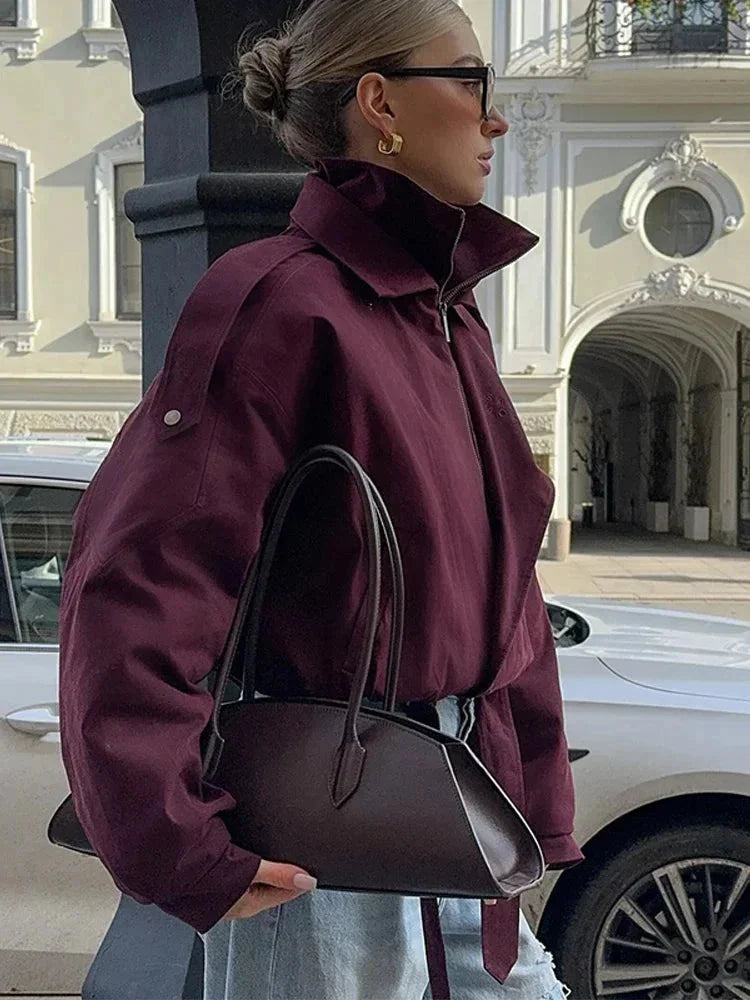 Veste bomber bordeaux femme col montant avec poches