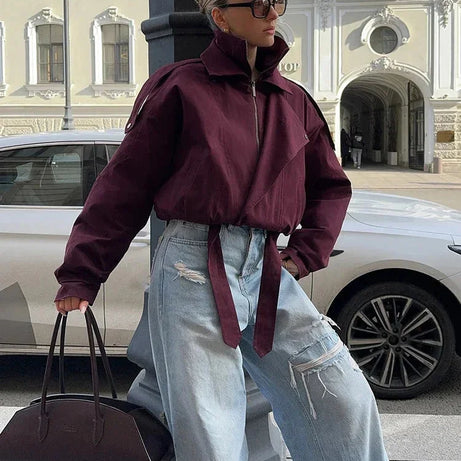 Veste bomber bordeaux femme col montant avec poches