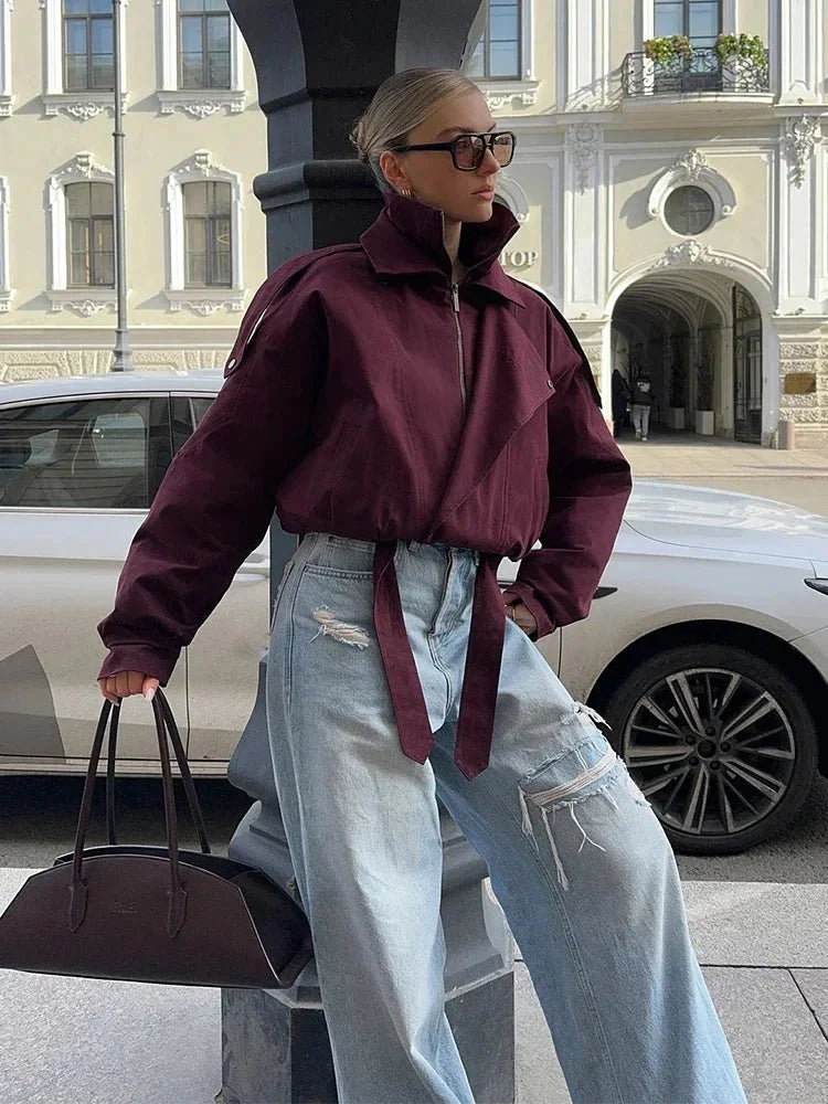 Veste bomber bordeaux femme col montant avec poches
