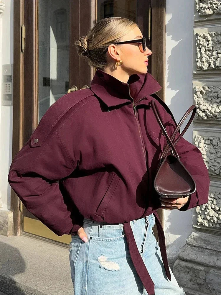 Veste bomber bordeaux femme col montant avec poches