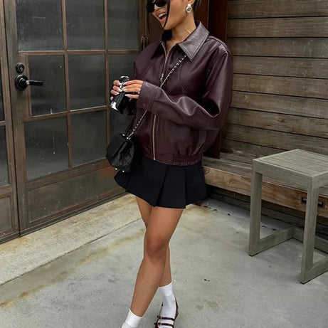 Veste bomber femme bordeaux en simili cuir élégant