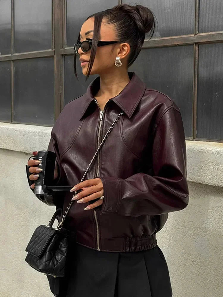 Veste bomber femme bordeaux en simili cuir élégant