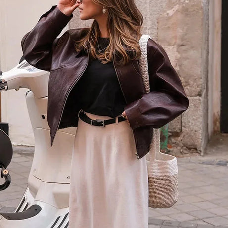 Veste bomber femme bordeaux en simili cuir élégant