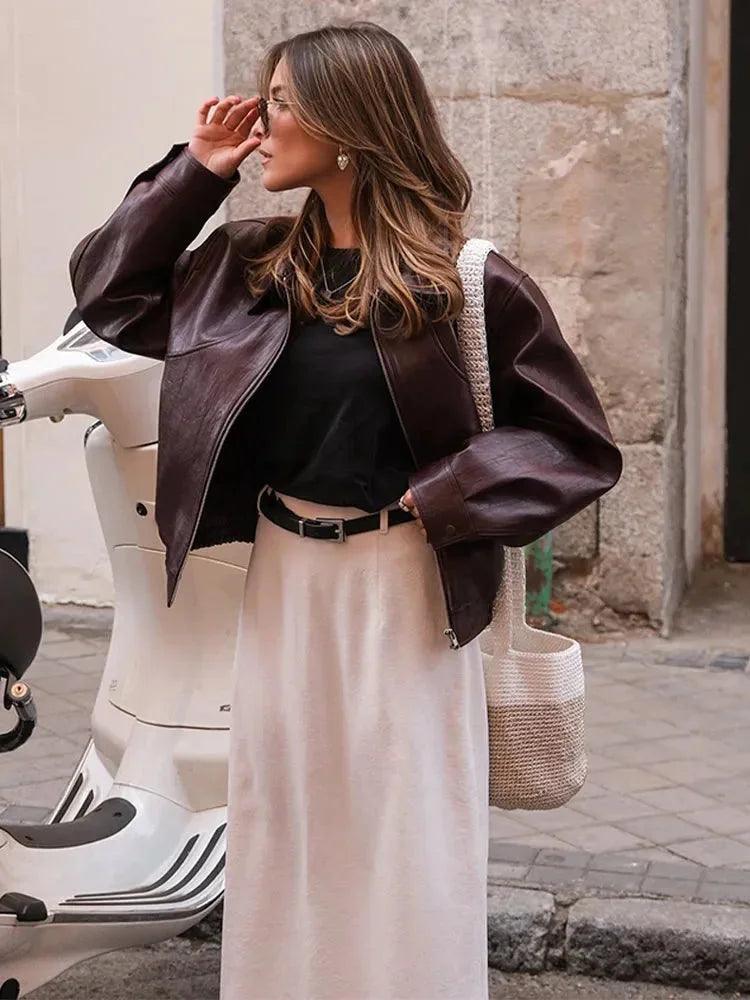 Veste bomber femme bordeaux en simili cuir élégant