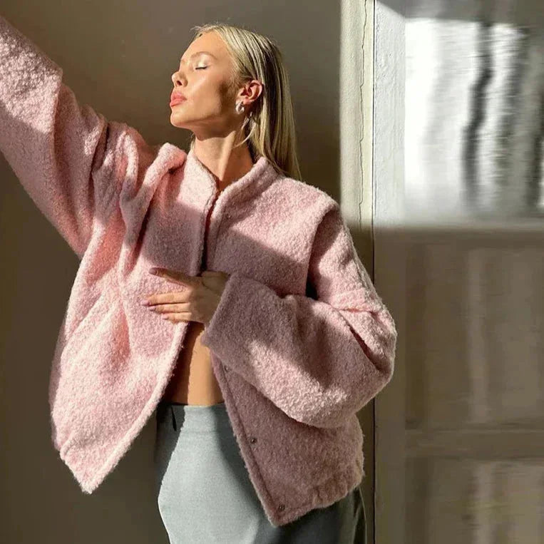 Veste bomber femme couleur rose en matière teddy