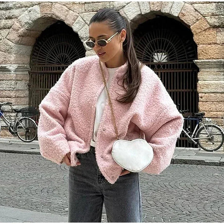 Veste bomber femme couleur rose en matière teddy