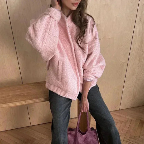 Veste bomber femme couleur rose en matière teddy