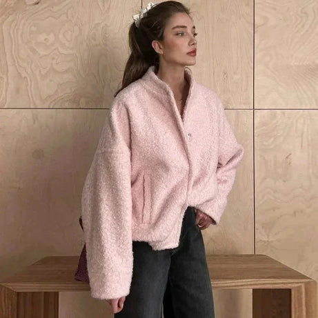 Veste bomber femme couleur rose en matière teddy