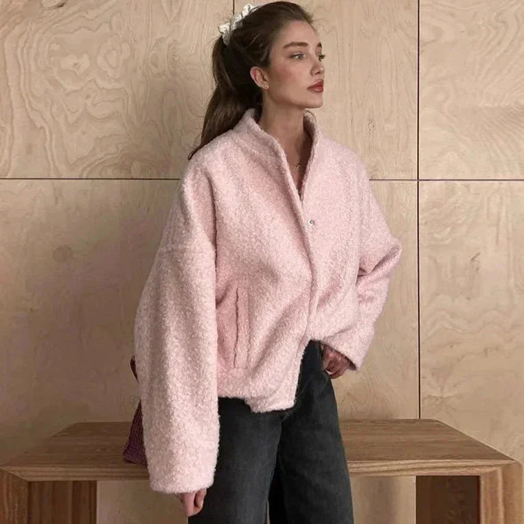 Veste bomber femme couleur rose en matière teddy