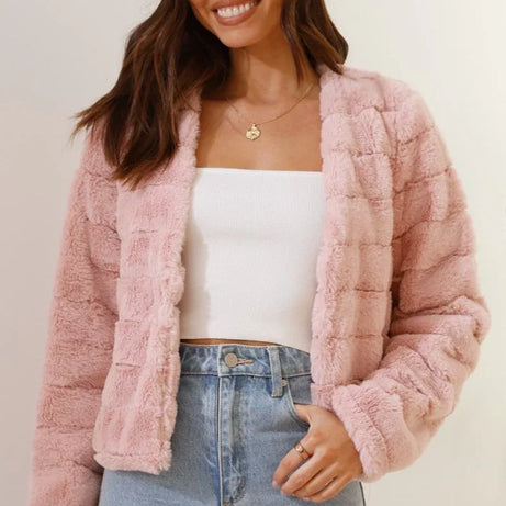 Veste courte femme en fausse fourrure à col ouvert