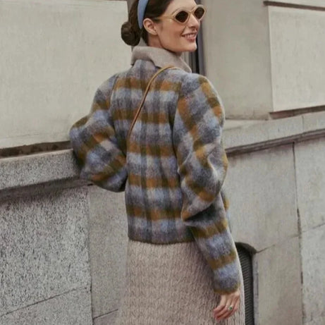 Veste femme à carreaux avec manches bouffantes grises