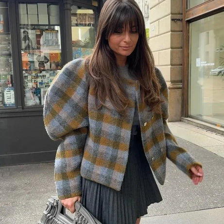 Veste femme à carreaux avec manches bouffantes grises
