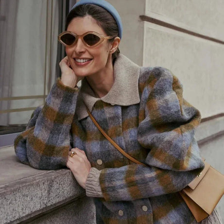 Veste femme à carreaux avec manches bouffantes grises
