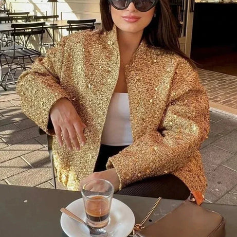 Veste femme chic à paillettes et coupe élégante