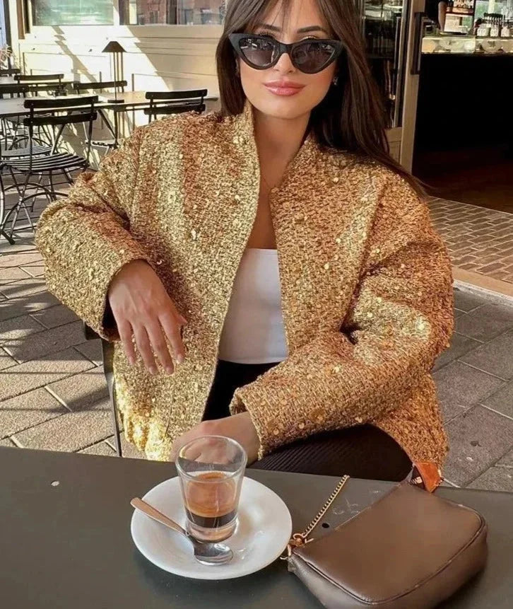 Veste femme chic à paillettes et coupe élégante