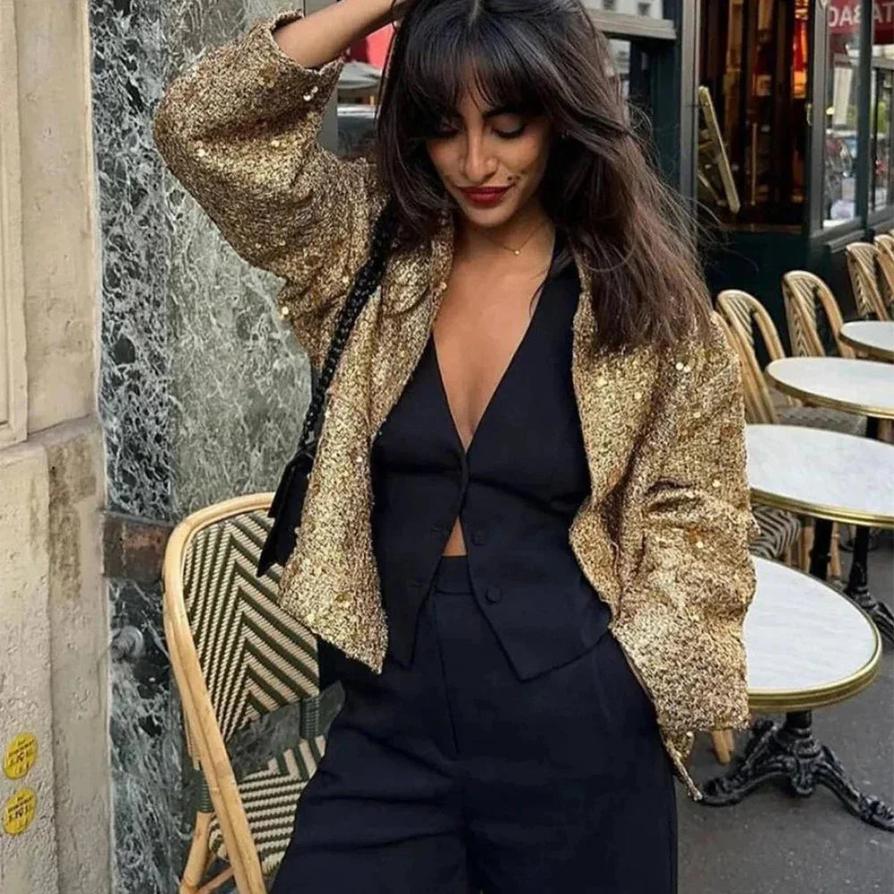 Veste femme chic à paillettes et coupe élégante