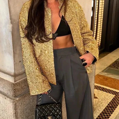 Veste femme chic à paillettes et coupe élégante