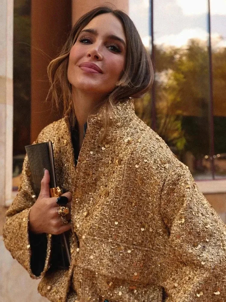 Veste femme chic à paillettes et coupe élégante
