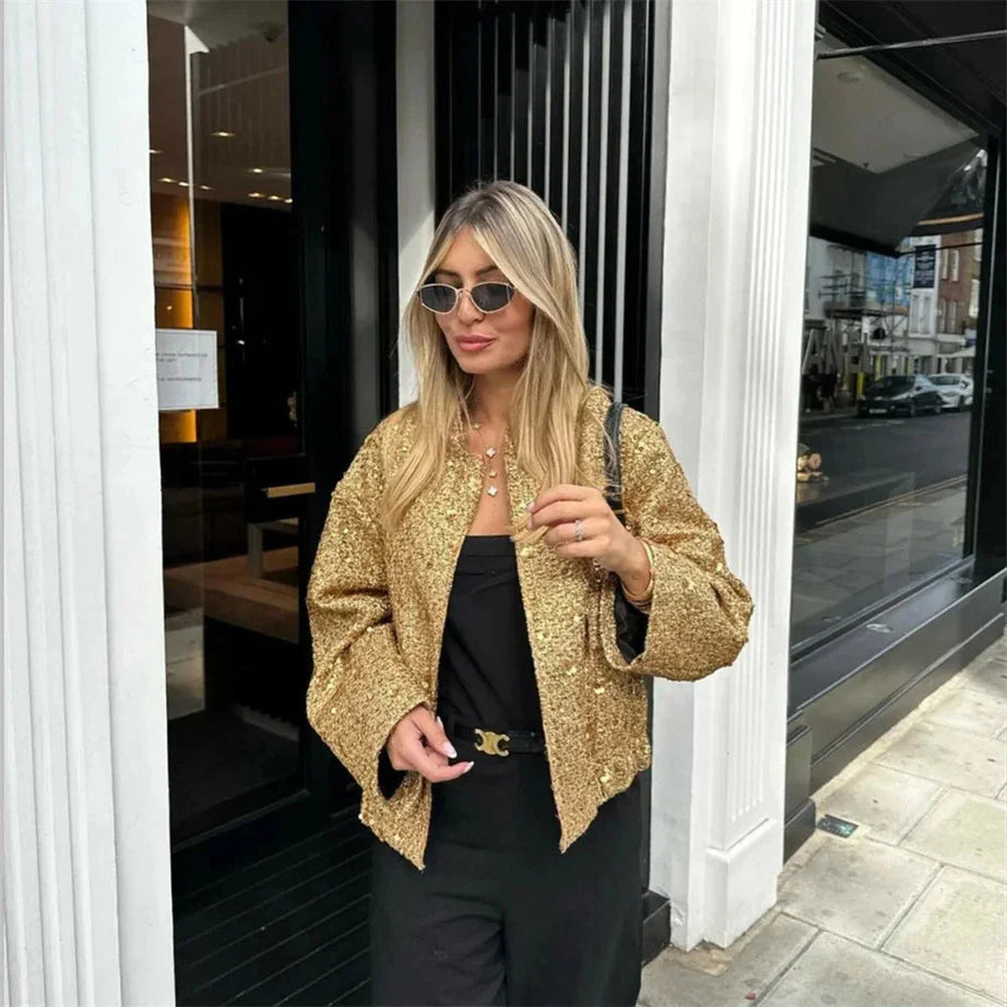 Veste femme chic à paillettes et coupe élégante