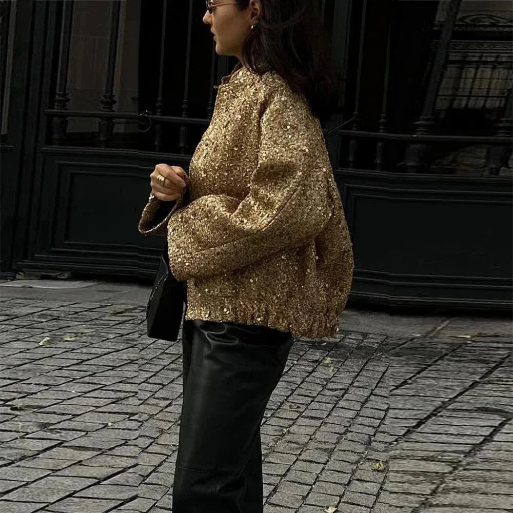 Veste femme chic à paillettes et coupe élégante