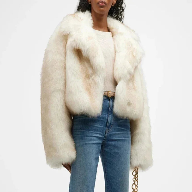 Veste femme en fausse fourrure ivoire à col large