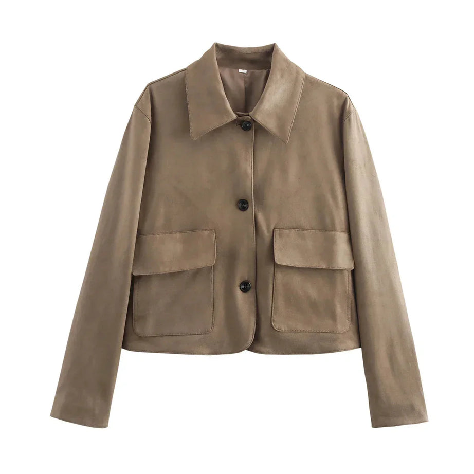 Veste femme marron chic avec boutons et col classique