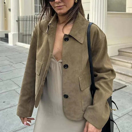 Veste femme marron chic avec boutons et col classique