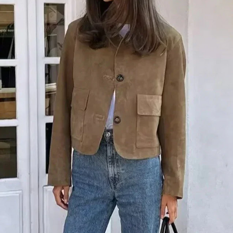 Veste femme marron chic avec boutons et col classique