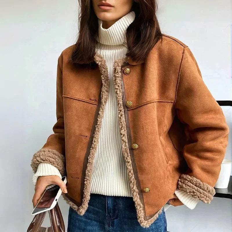 Veste femme marron en suédine avec boutons avant