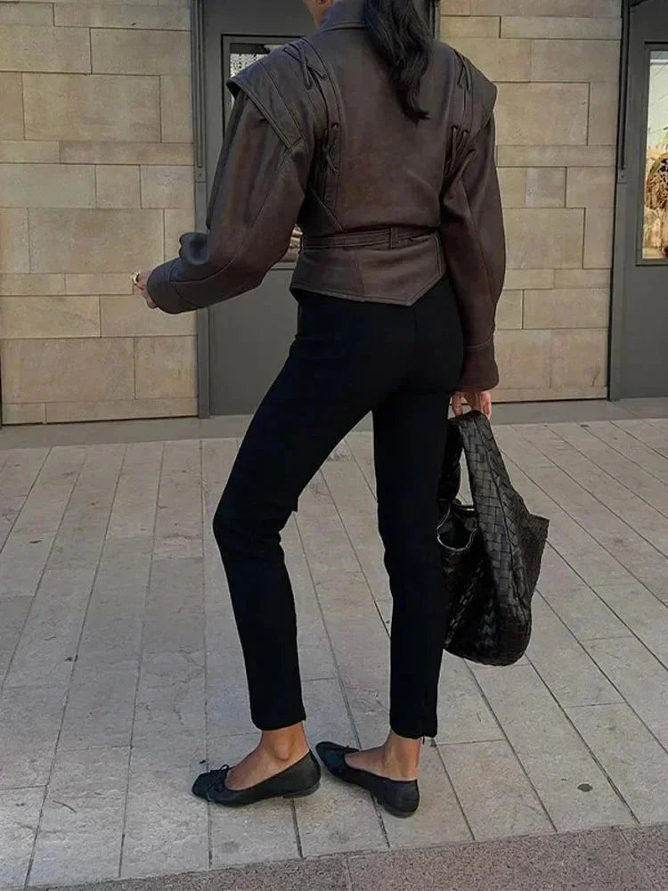 Veste femme marron foncé ceinturée coupe ajustée