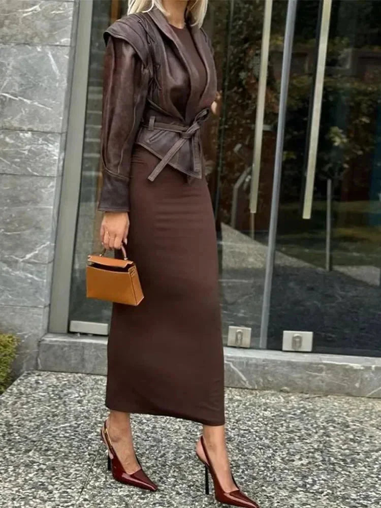 Veste femme marron foncé ceinturée coupe ajustée