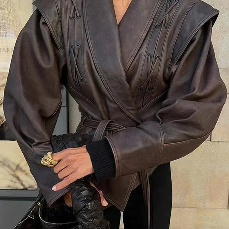 Veste femme marron foncé ceinturée coupe ajustée