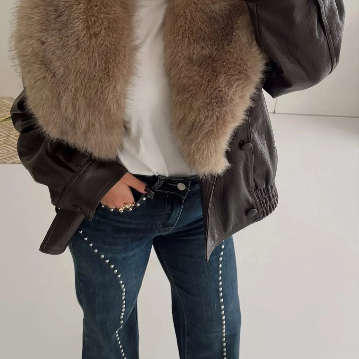 Veste Femme Marron Vintage à Col Doublé et Poches