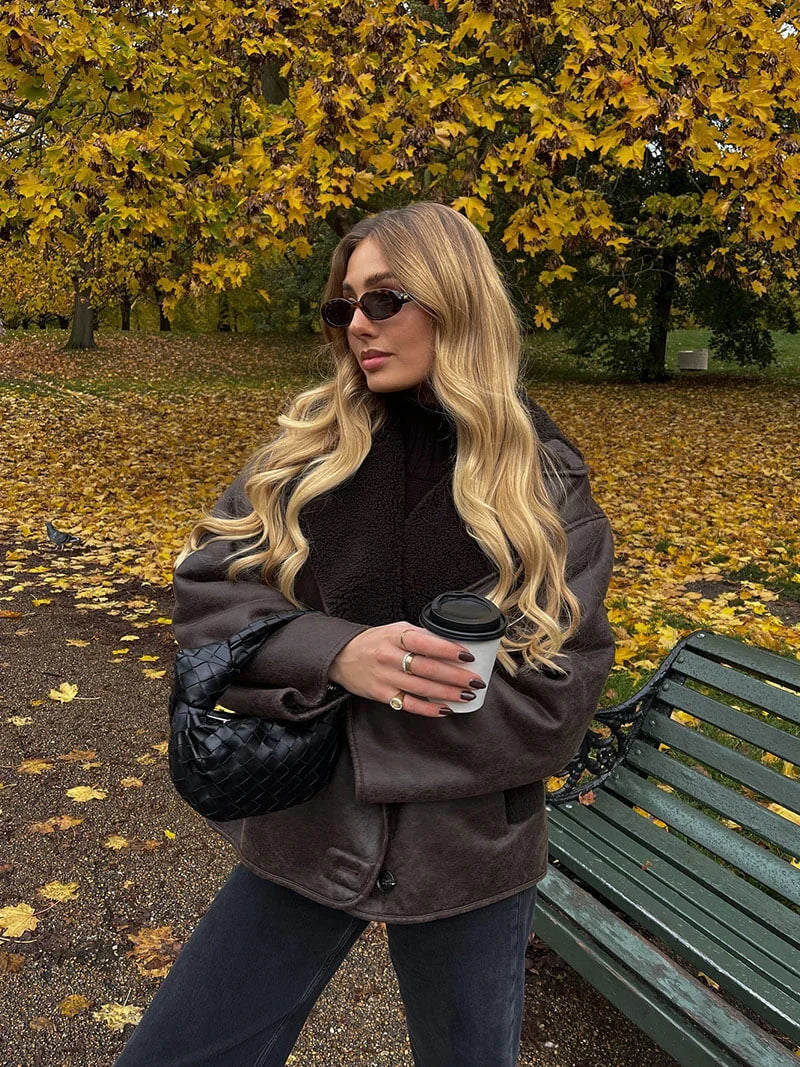 Veste femme oversize effet shearling marron foncé