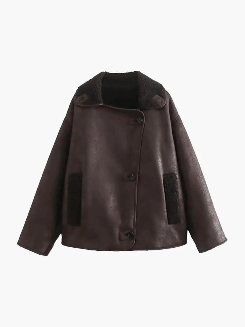 Veste femme oversize effet shearling marron foncé