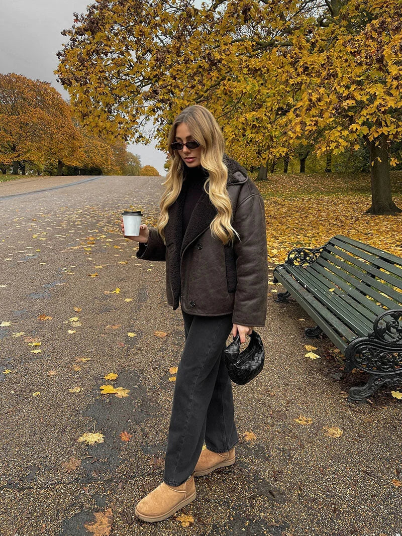 Veste femme oversize effet shearling marron foncé