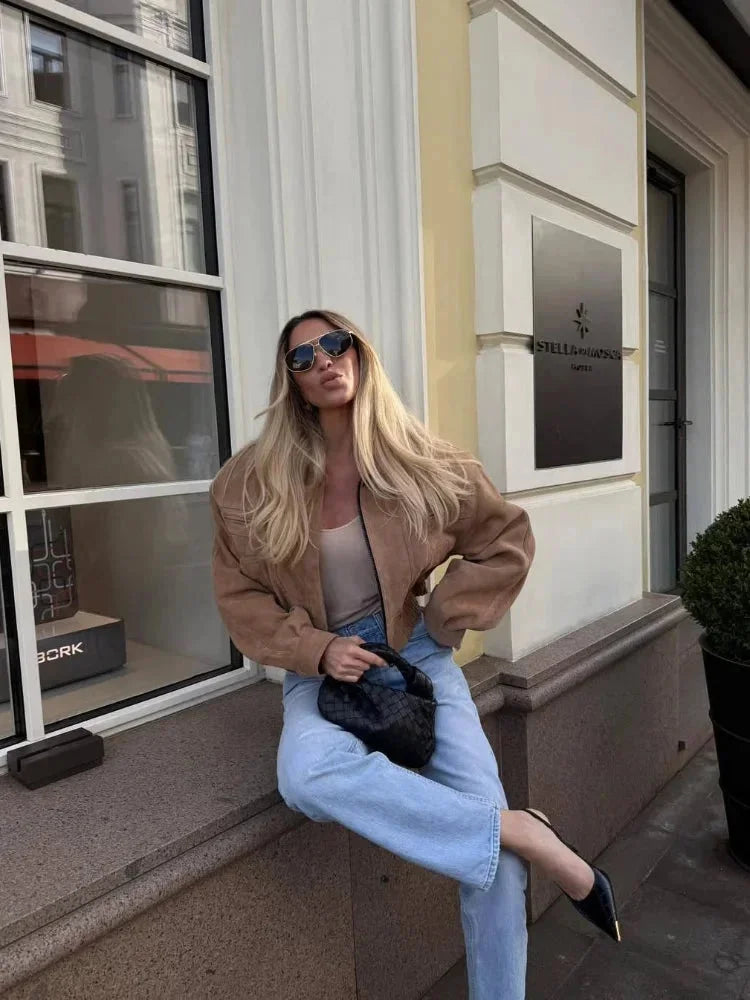 Veste femme suédine marron courte avec zip et poches