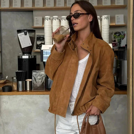 Veste femme suédine marron courte avec zip et poches
