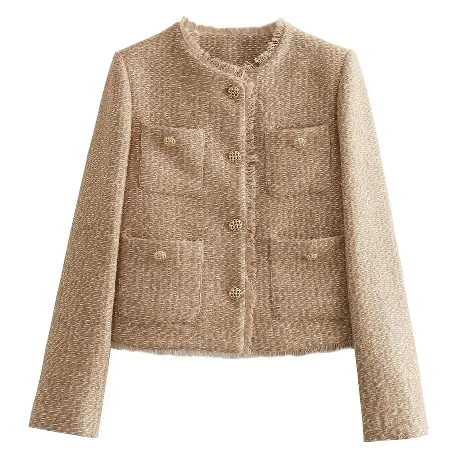 Veste femme tweed beige avec boutons élégants