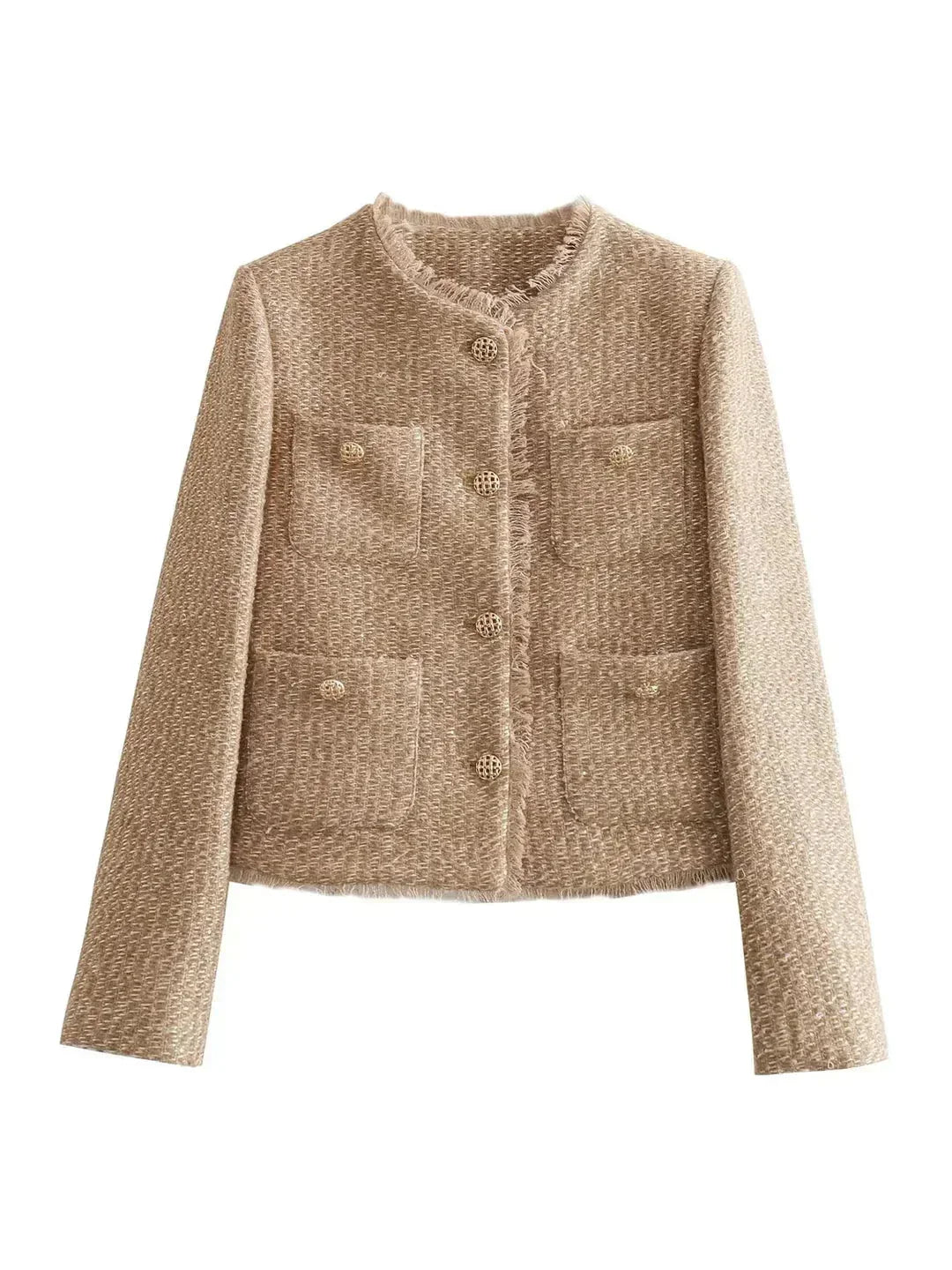 Veste femme tweed beige avec boutons élégants