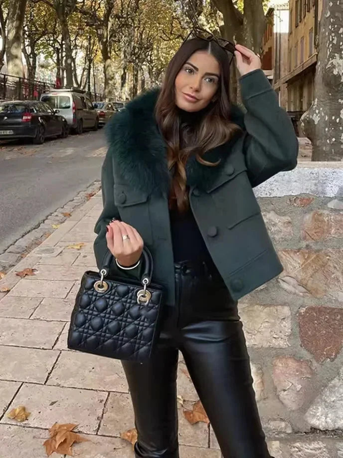 Veste femme vert foncé avec col en fausse fourrure