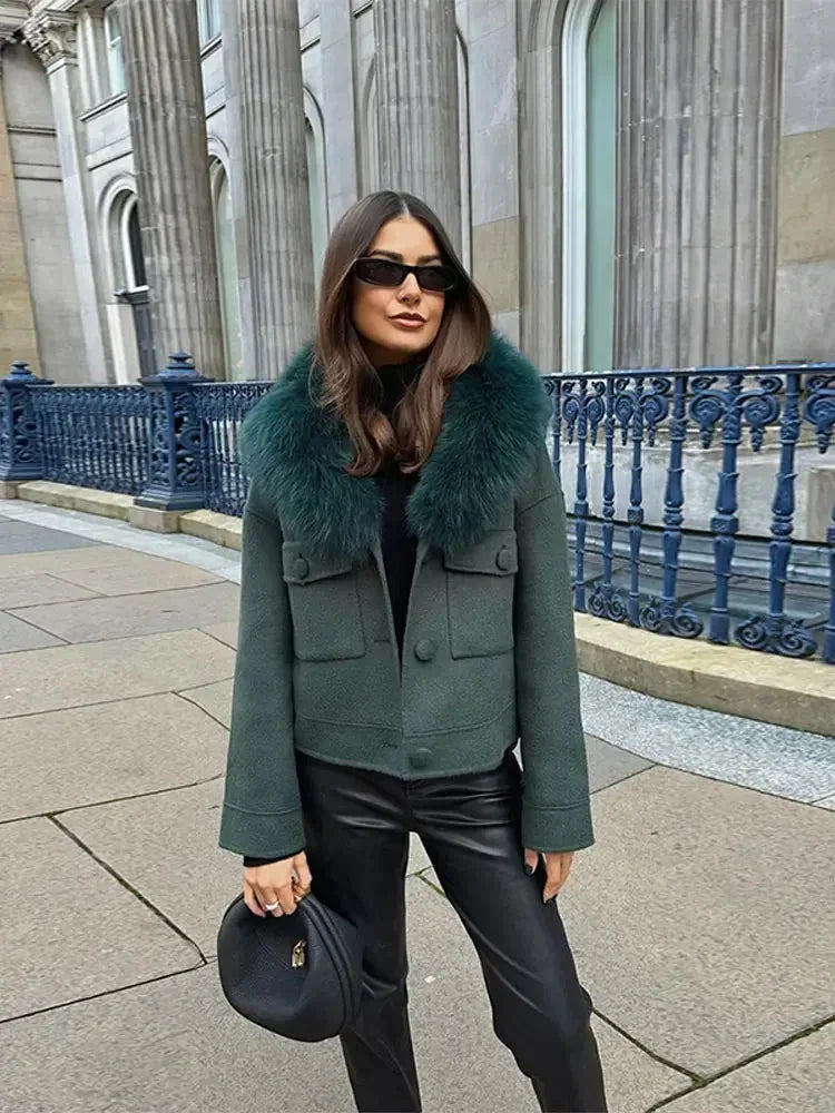Veste femme vert foncé avec col en fausse fourrure