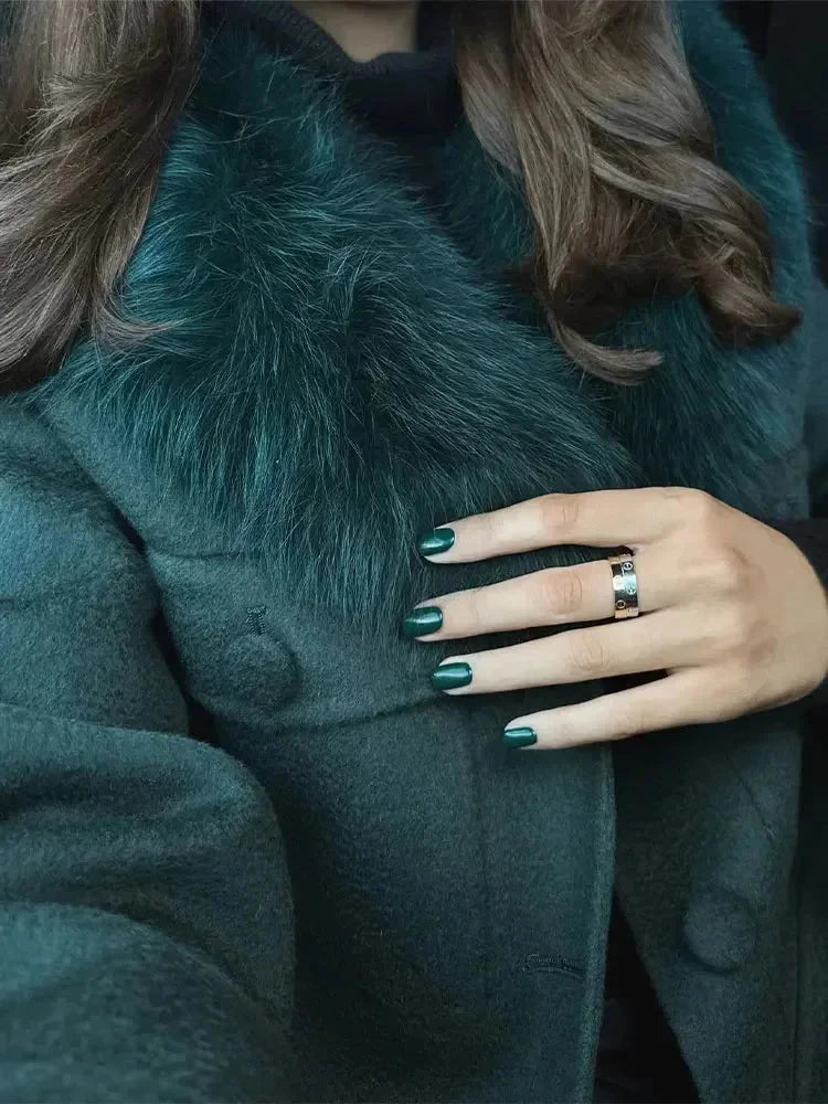 Veste femme vert foncé avec col en fausse fourrure