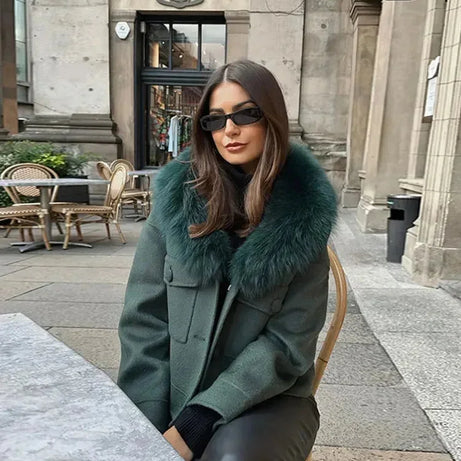 Veste femme vert foncé avec col en fausse fourrure