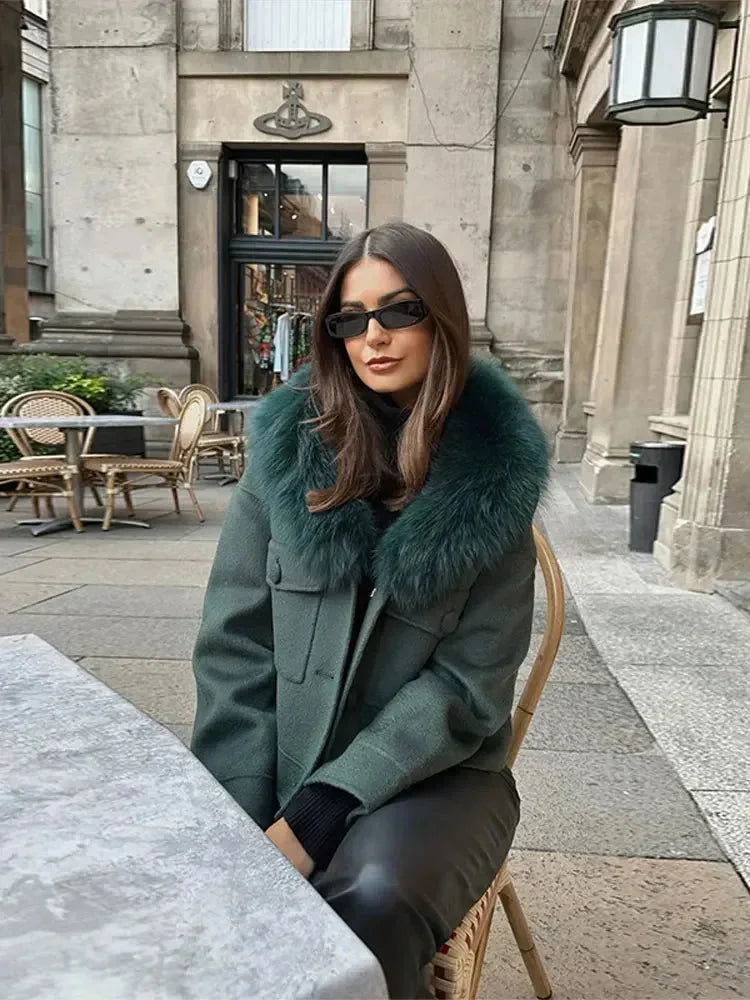Veste femme vert foncé avec col en fausse fourrure