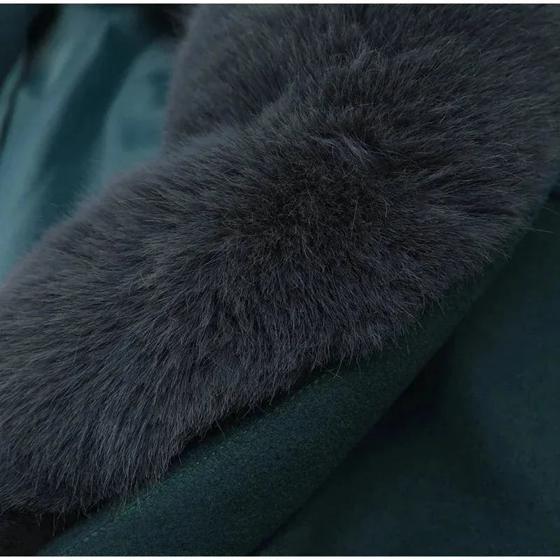Veste femme vert foncé avec col en fausse fourrure