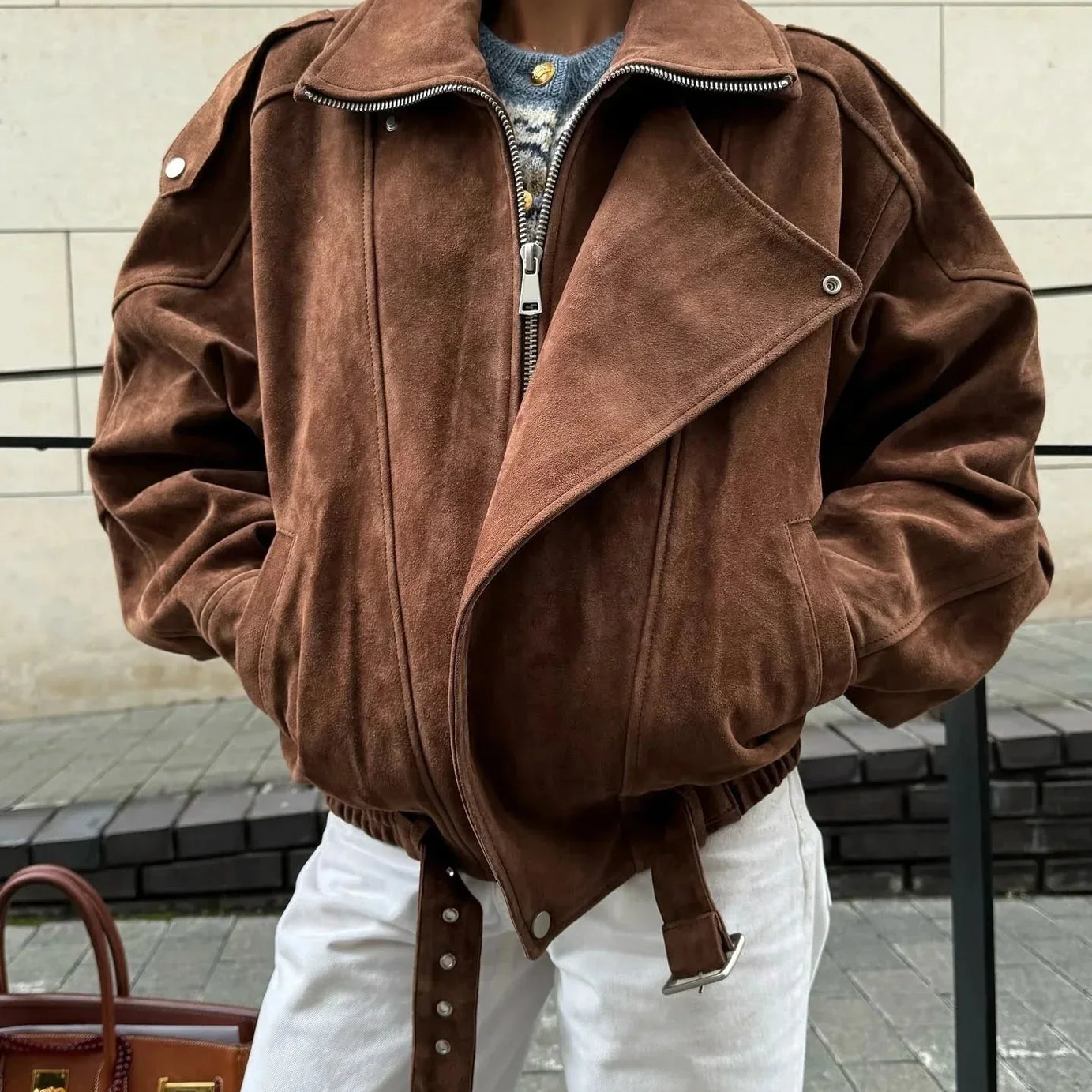 Veste oversize femme marron avec zip et col