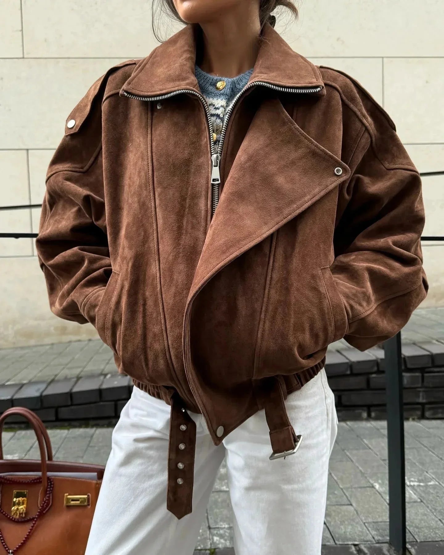 Veste oversize femme marron avec zip et col