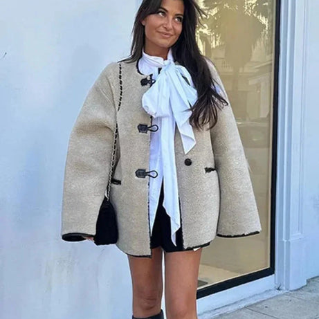 Veste polaire beige femme à boutons style duffle