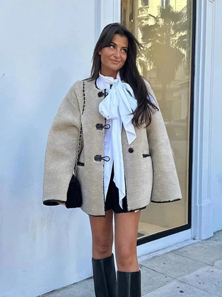 Veste polaire beige femme à boutons style duffle